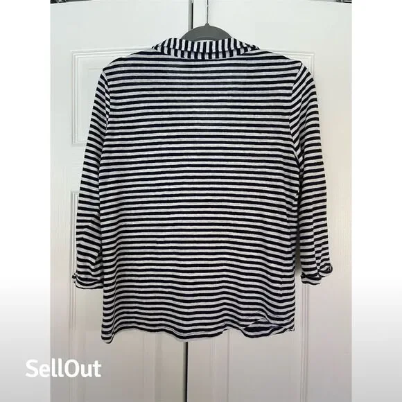 Chico's Women's Striped Linen Blouse Navy White 3/4 Sleeve Size 1 - Picture 4 of 4